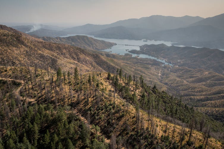 A burned area on a mountain ridge with a large reservoir far below.