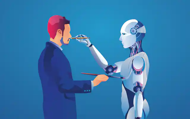 a graphic of a man standing face-to-face with a humanoid robot, each holding a paintbrush and appearing to be painting the other
