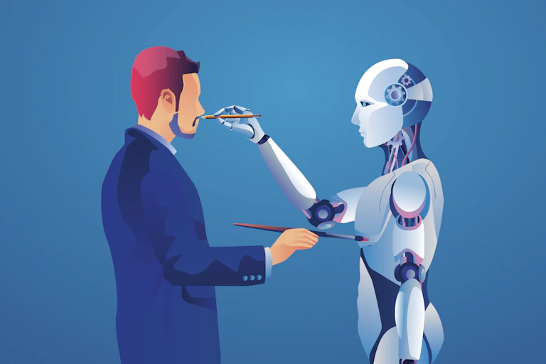 a graphic of a man standing face-to-face with a humanoid robot, each holding a paintbrush and appearing to be painting the other