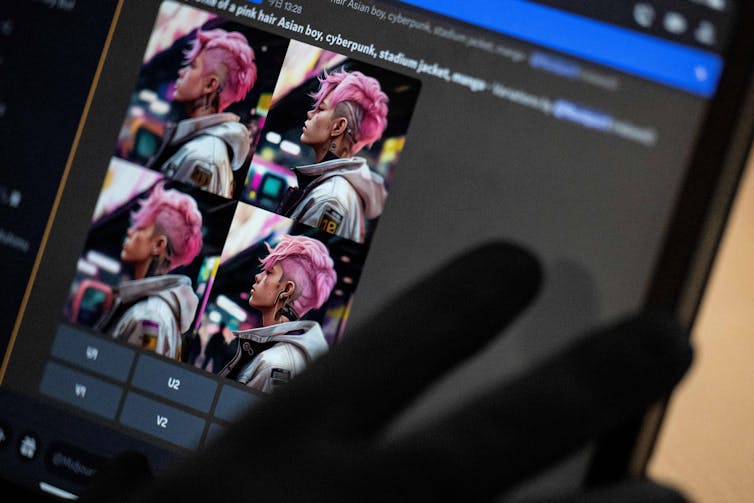 A gloved hand in the foreground partially obscures a computer screen displaying four panels of similar images of a young man in profile with pink hair