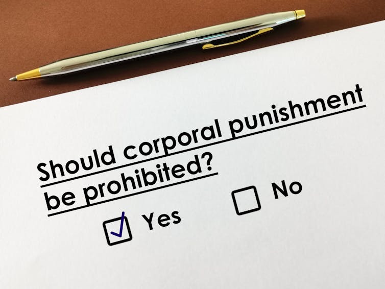 Form asking whether corporal punishment should be prohibited, with the box for 'Yes' ticked