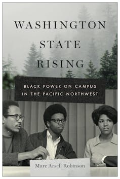 A book cover featuring a black and white photo of two Black men and one Black woman sitting at a table.