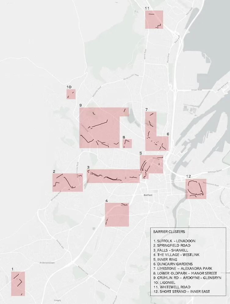 A map showing walls and barriers in Belfast.