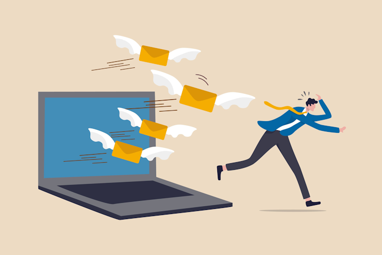 A graphic showing a man running away from a laptop with envelopes flying out of it.