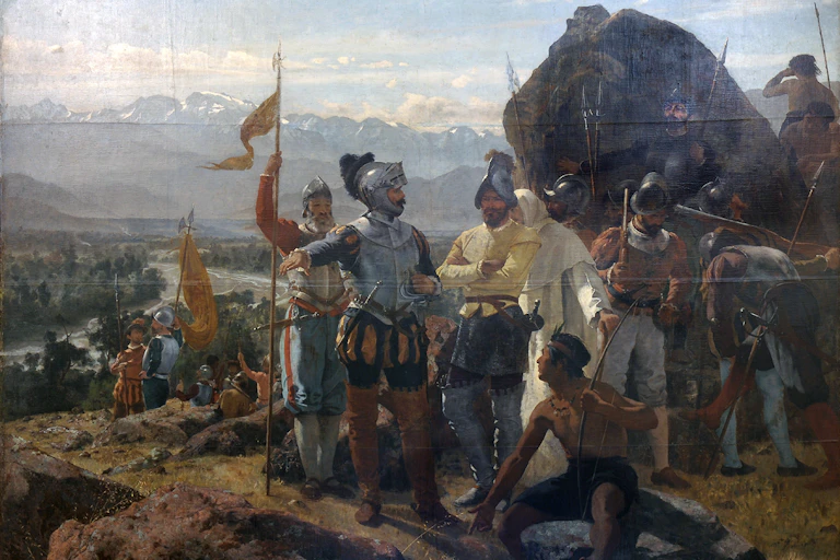 Cuadro que retrata a varios colonos españoles junto a indígenas americanos.