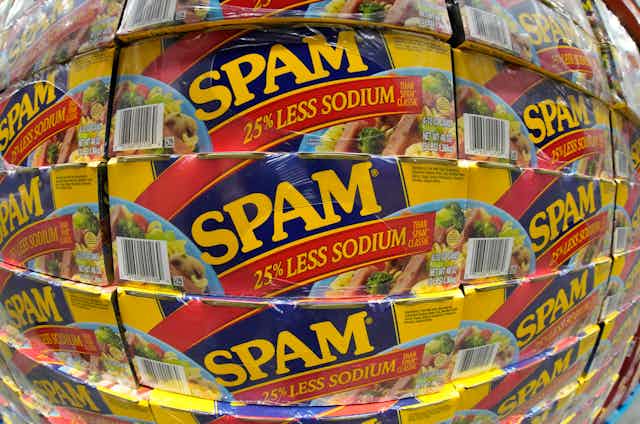 Boxes of spam are on display in a store