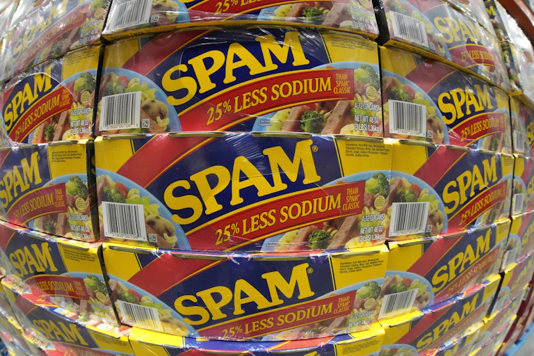 Boxes of spam are on display in a store