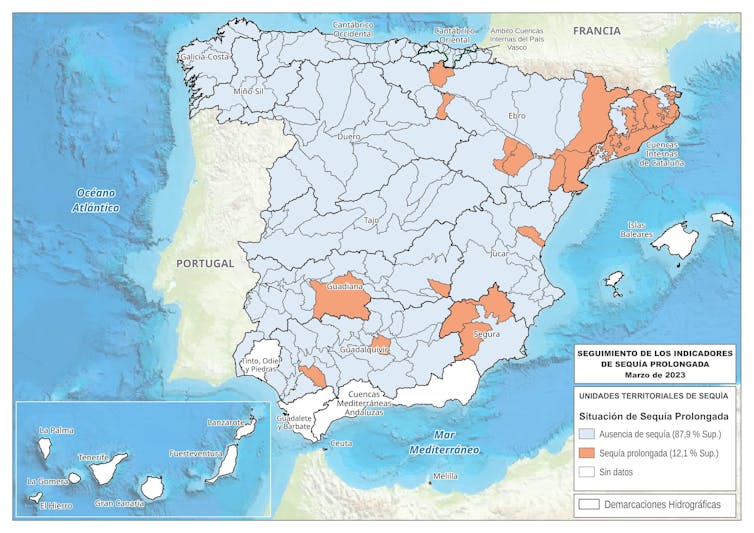 Mapa con algunas regiones de Cataluña y Andalucía en color naranja por la sequía.