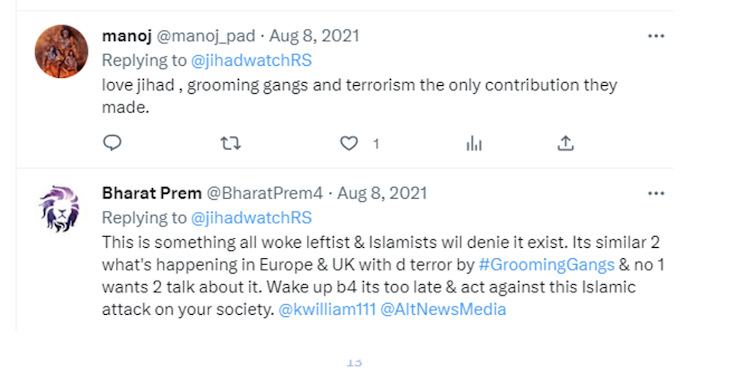A screenshot of two tweets supporting the idea of a love jihad conspiracy.