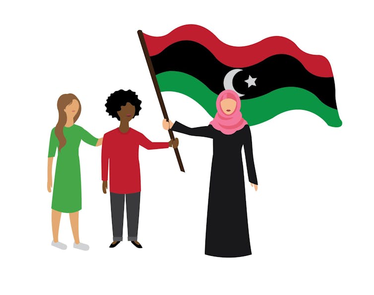 A graphic showing an Arab woman holding a Libyan flag with two young people.