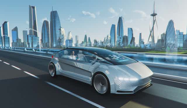 Concept de voiture futuriste, dans un environnement urbain