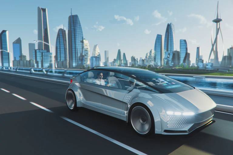 Concept de voiture futuriste, dans un environnement urbain
