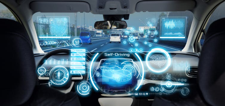Illustration d’un intérieur de voiture avec des écrans disponibles partout