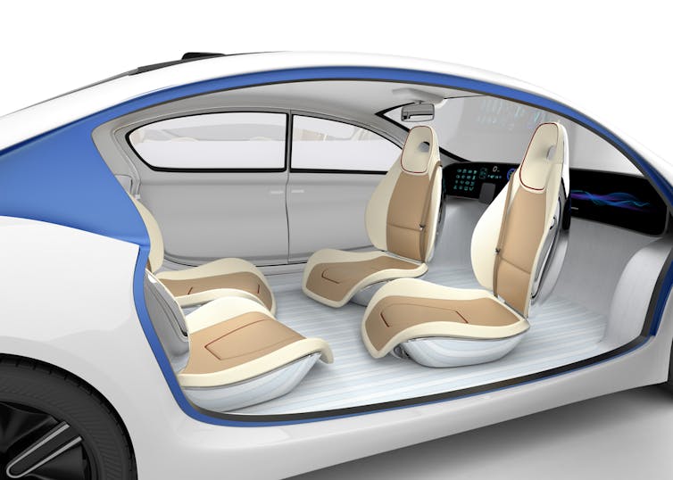 Illustration d’un intérieur de voiture sans volant et avec les 4 sièges se faisant face