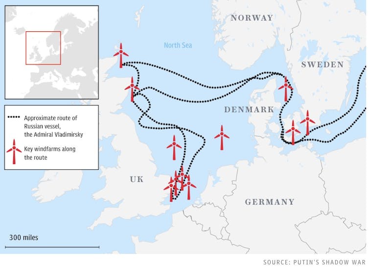 Map showing the movements of a Russian ship in the Baltic and North Sea.