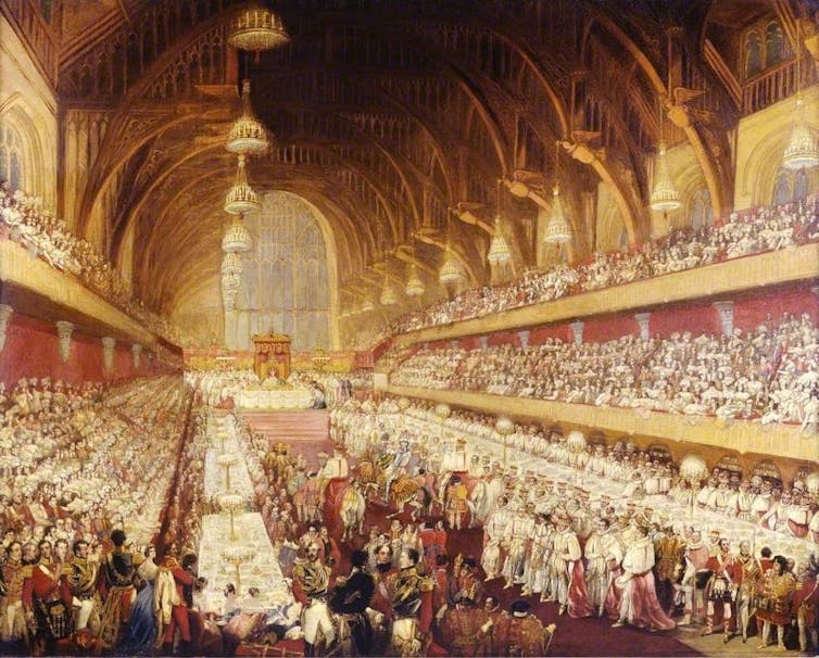 A historical painting of a banquet in Westminster Hall.