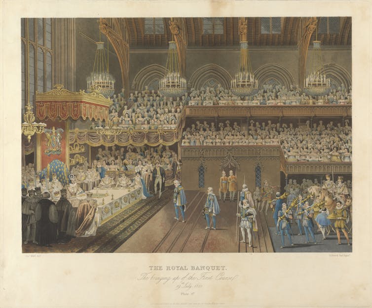 A coloured etching depicting a royal banquet.