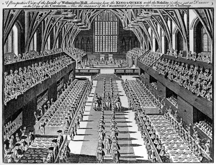 A line etching depicting a royal banquet.