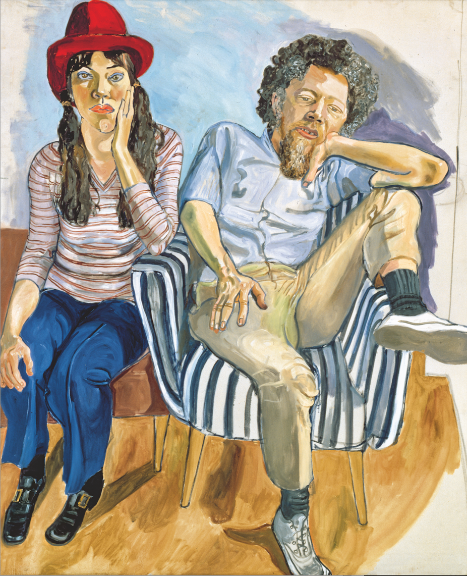A painting of a boho couple woman in stripes and a red hat, man lounging on a chair.