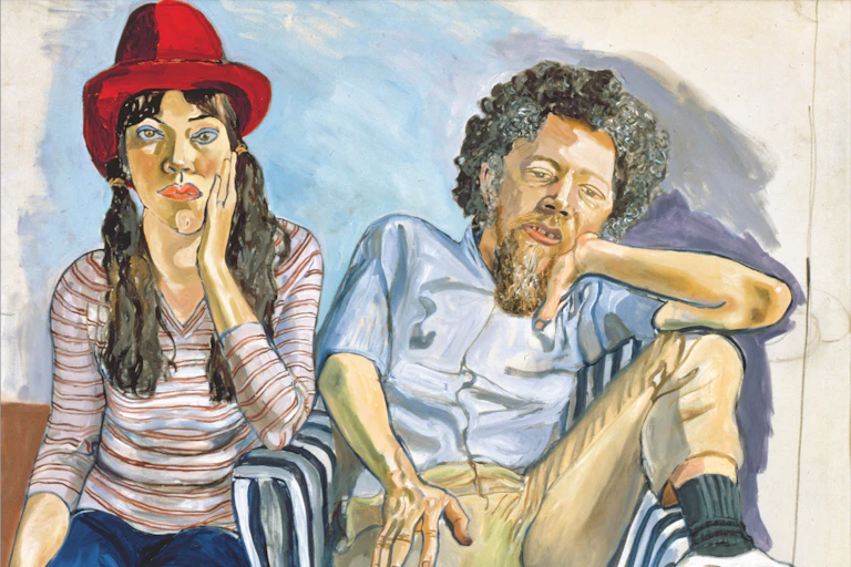 A painting of a boho couple woman in stripes and a red hat, man lounging on a chair.