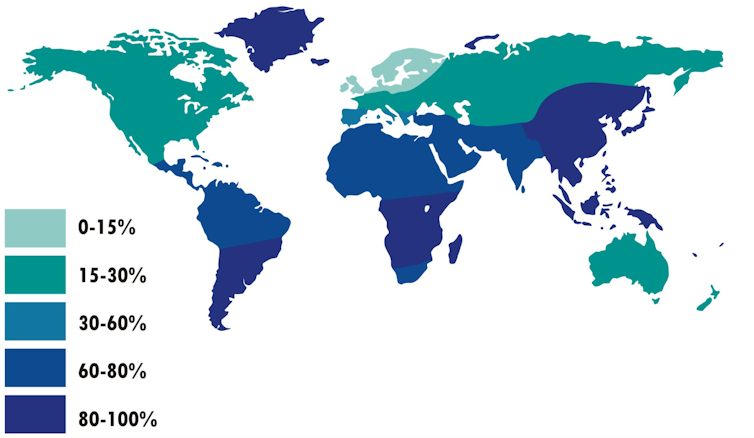 Mapa da prevalencia da intolerancia á lactosa no mundo. Foto: Wikipedia, CC BY