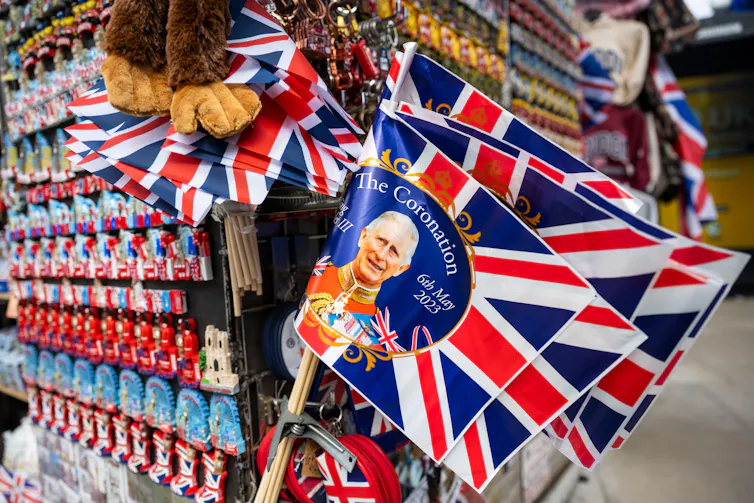 Coronation related souvenirs for sale in Oxford Street