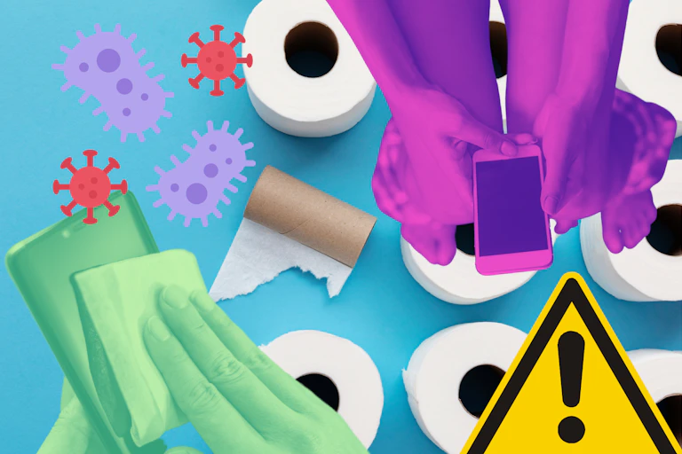 Phone on loo, phone cleaning, bacteria, warning sign, toilet roll.