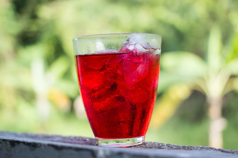 verre de jus de canneberge avec des glaçons