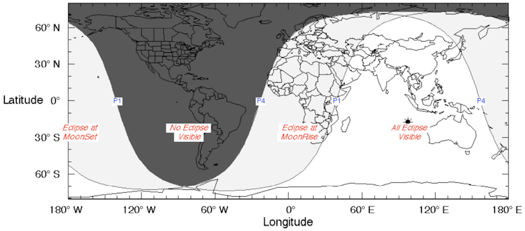 A map showing regions of Earth where people can see the lunar eclipse.