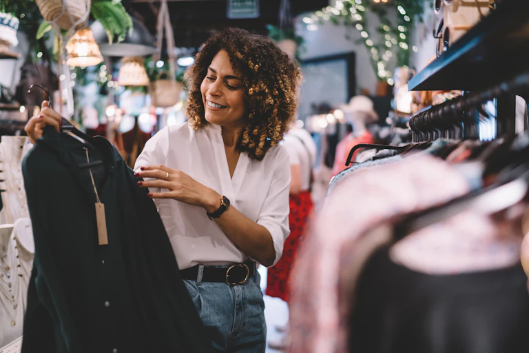 A woman smiling as she looks at a coat in a clothing store.