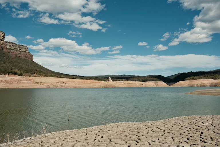 Pantano con el nivel de agua muy bajo.
