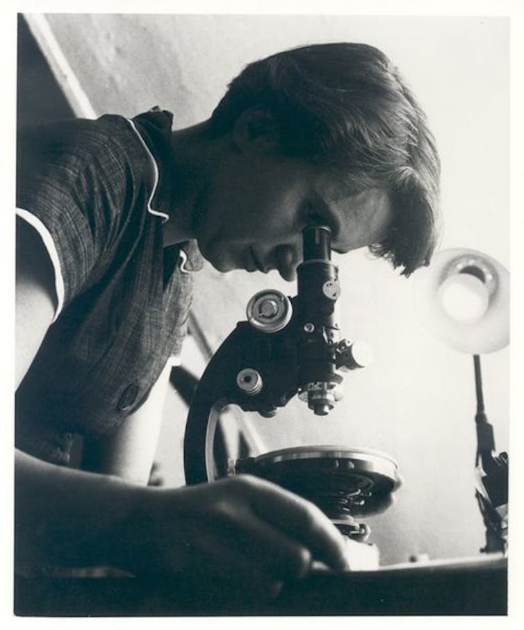 Rosalind Franklin with microscope in 1955.