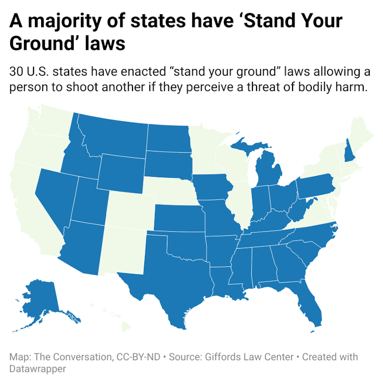 A map of the United States with the 30 states that have 'Stand Your Ground' laws colored in blue.