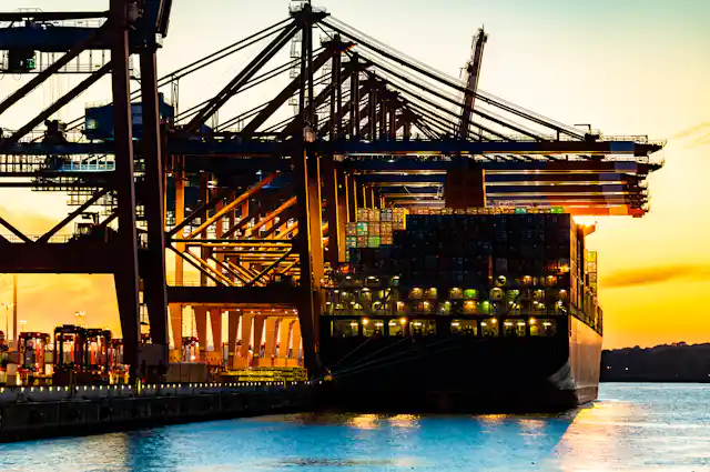 A cargo ship in harbor at daybreak.