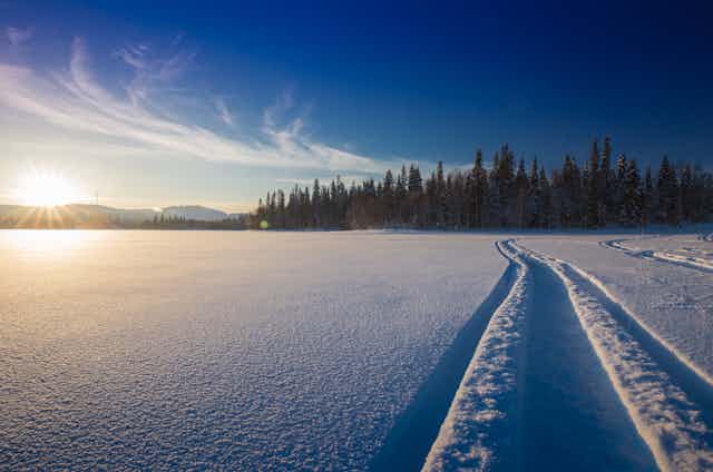 Snow tracks on frozen lake