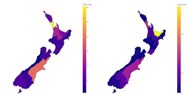 The maps show where trucks deliver most freight (left) and where rail transports most goods (in million tonnes).