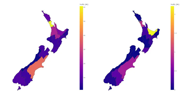 The maps show where trucks deliver most freight (left) and where rail transports most goods (in million tonnes).