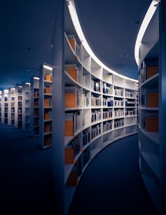 A modern library, with curved bookshelves