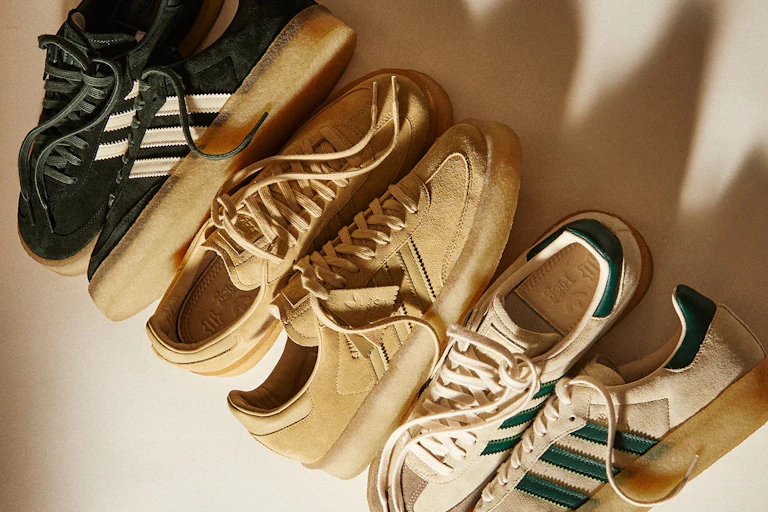 three pairs of the 8th Street Samba shoe in green, sand and white.