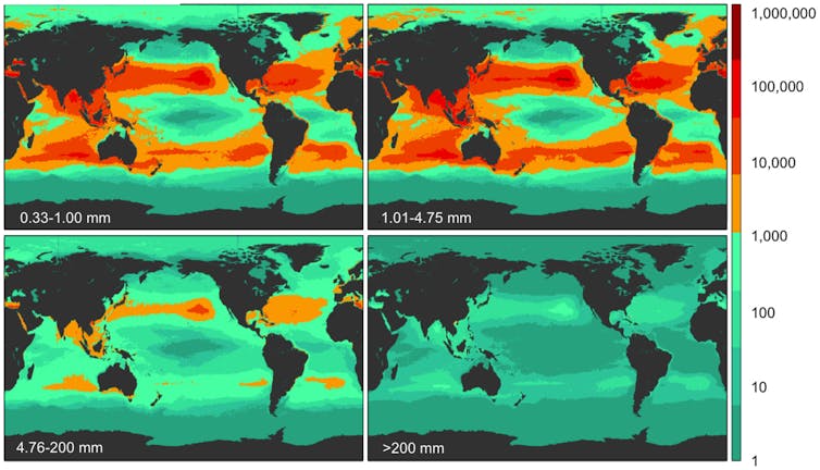 Four world maps showing where different sizes of plastic are accumulating in the ocean.