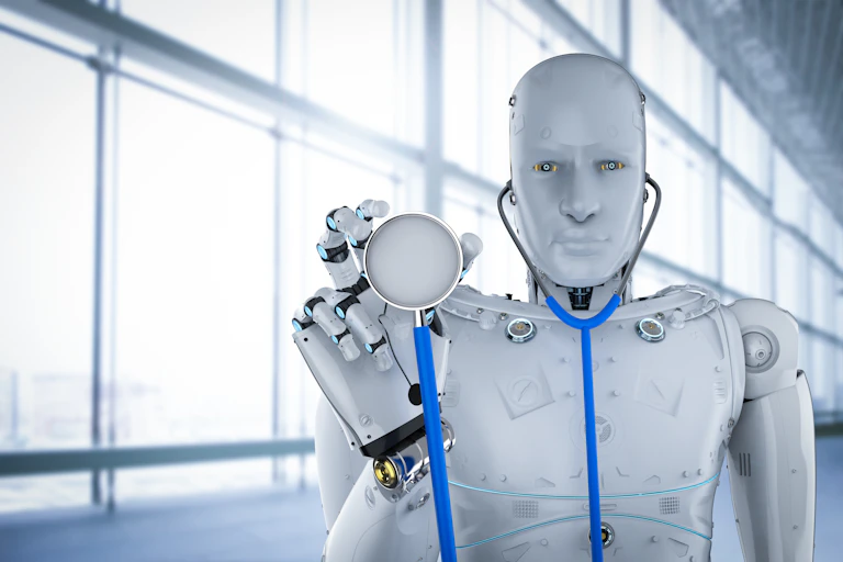 A robot doctor holding a stethoscope