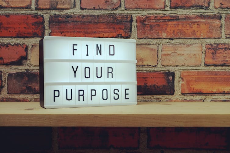 A light box sign reading 'find your purpose'.