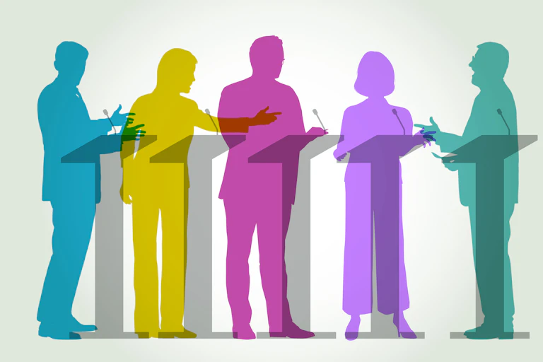 Five colorful outlines of people talking at podiums, as though they are debating.