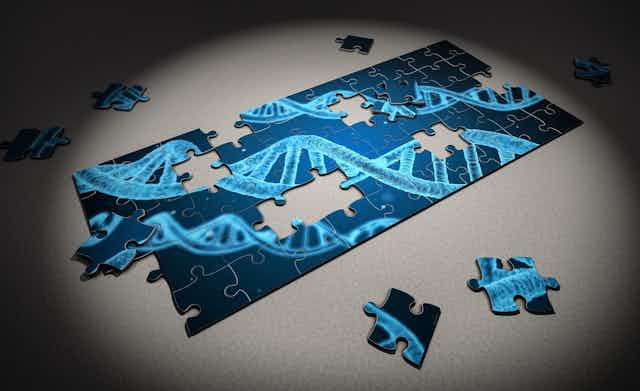 A puzzle depicting DNA strands, with pieces missing
