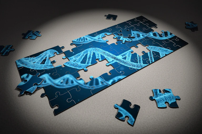 A puzzle depicting DNA strands, with pieces missing