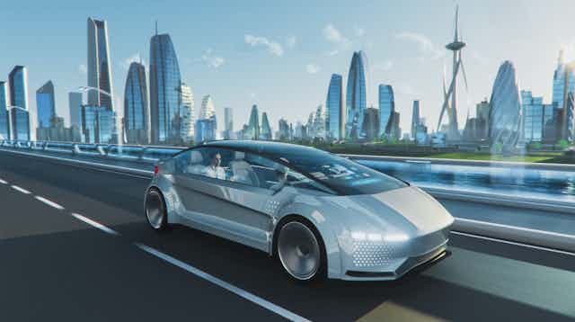 Concepto de coche futurista en un entorno urbano.