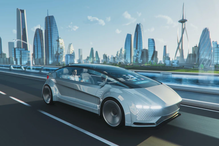 Concepto de coche futurista en un entorno urbano.