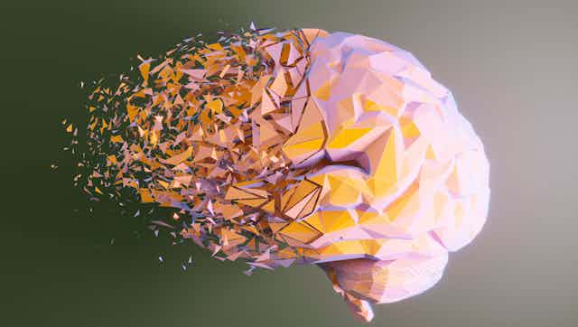 Ilustración de un cerebro que se desintegra.
