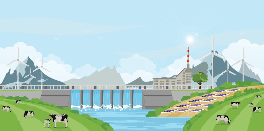 Illustration d'un paysage avec un barrage, des éoliennes et des panneaux solaires.