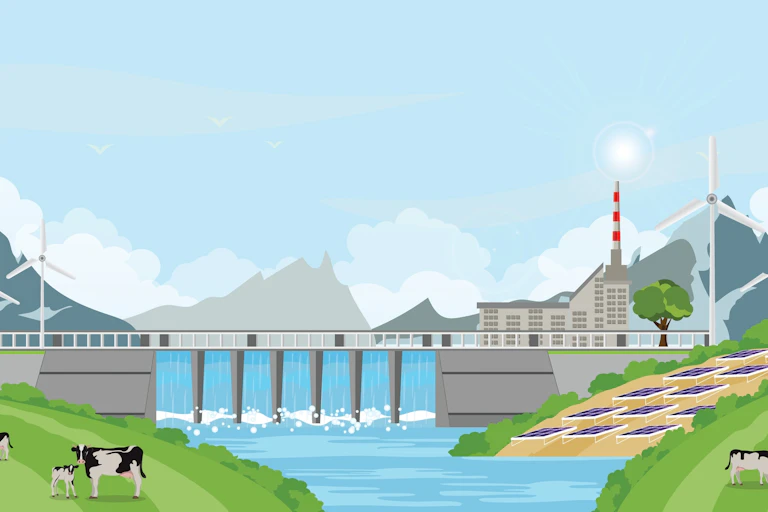 Illustration d'un paysage avec un barrage, des éoliennes et des panneaux solaires.